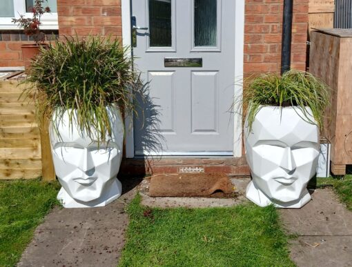 picture of two talking head planters at by a grey front door